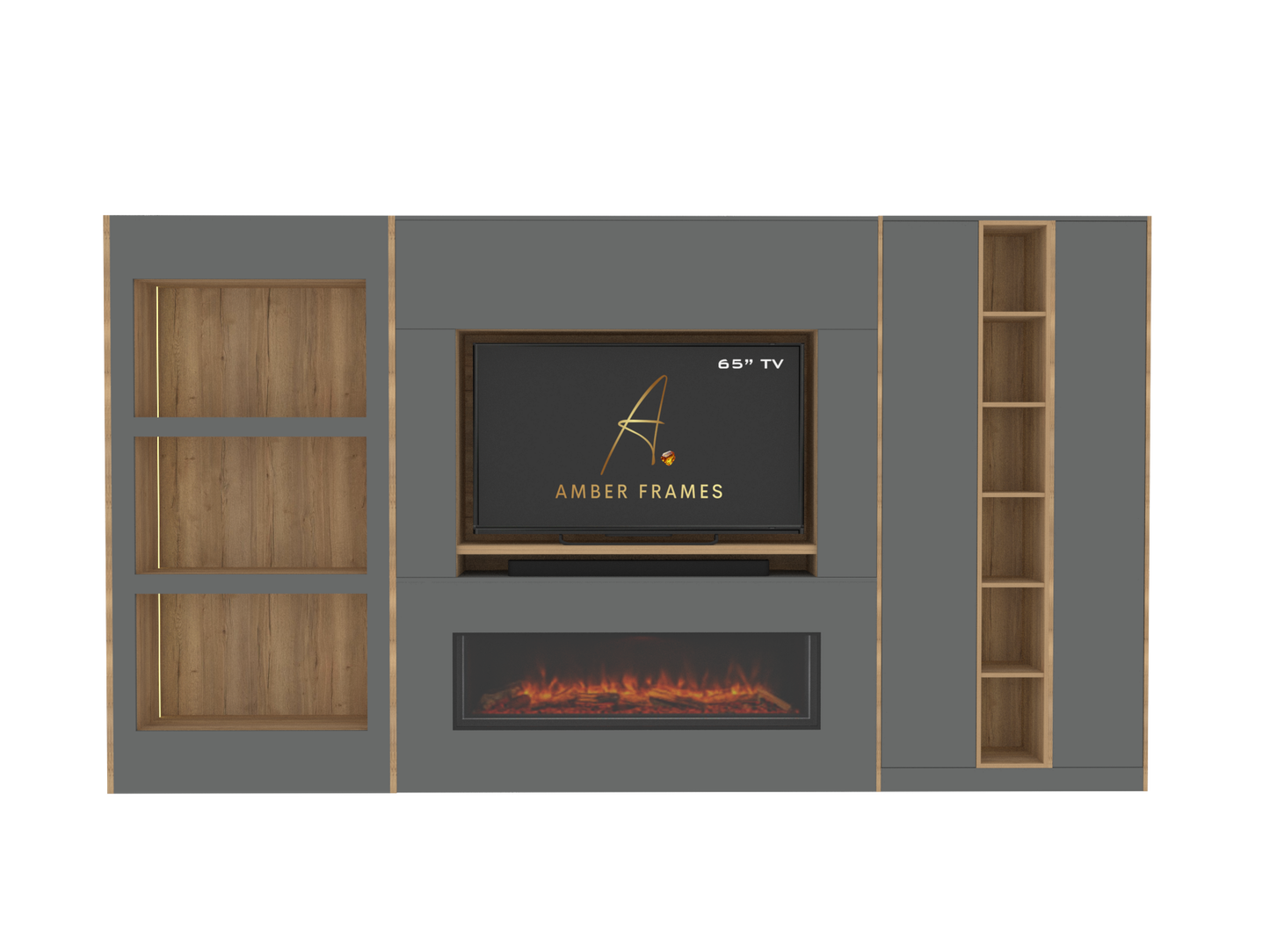 Built-in Media Wall for 65” TV & Electric Fireplace with Display Alcoves, Tall Cupboards, Display Shelving & LED Lighting