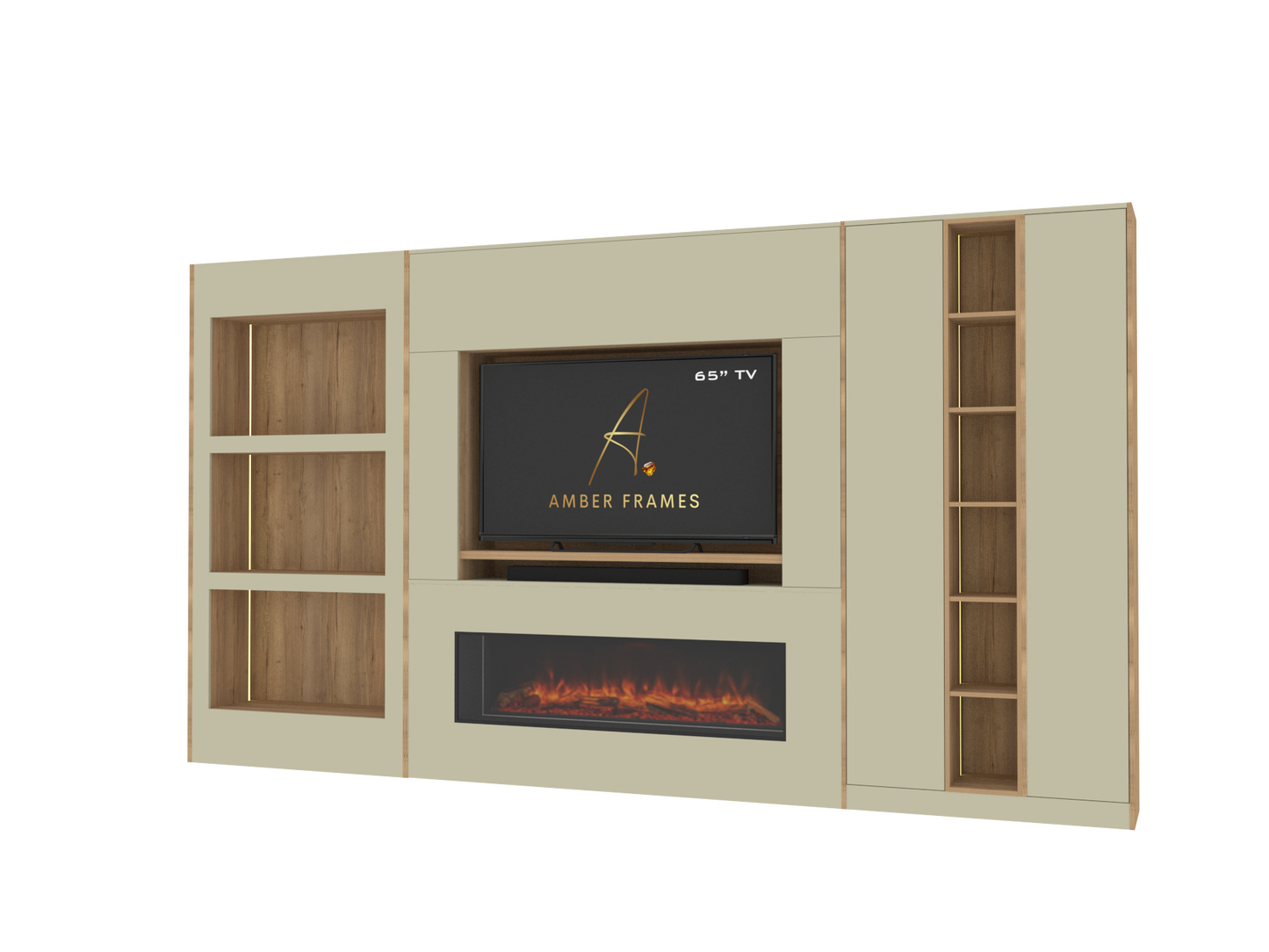 Built-in Media Wall for 65” TV & Electric Fireplace with Display Alcoves, Tall Cupboards, Display Shelving & LED Lighting