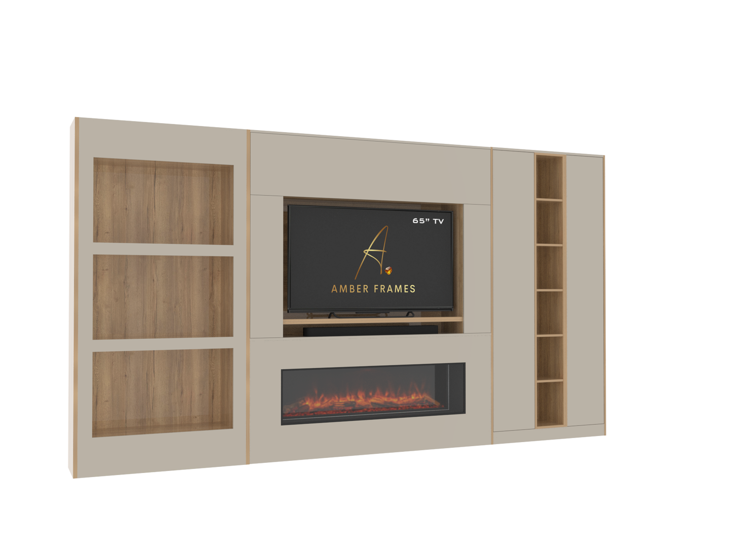 Built-in Media Wall for 65” TV & Electric Fireplace with Display Alcoves, Tall Cupboards, Display Shelving & LED Lighting