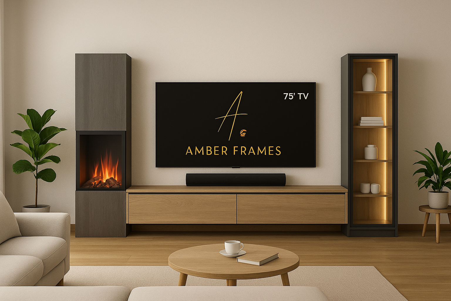 Media Wall with Fireplace, 75"TV & LED Display – Nordic Design by Amber Frames