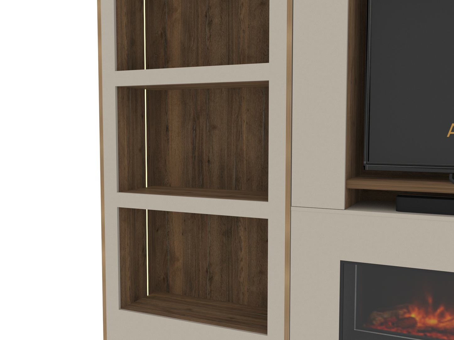 Built-in Media Wall for 65” TV & Electric Fireplace with Display Alcoves, Tall Cupboards, Display Shelving & LED Lighting