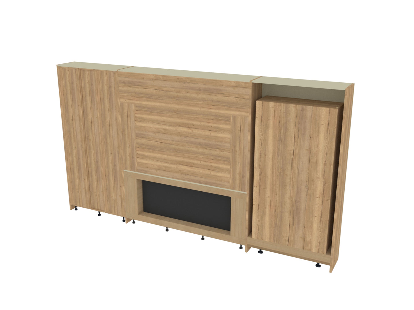 Built-in Media Wall for 65” TV & Electric Fireplace with Display Alcoves, Tall Cupboards, Display Shelving & LED Lighting