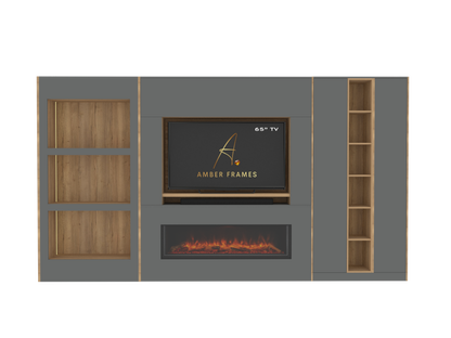 Built-in Media Wall for 65” TV &  Electric Fireplace with Display Alcoves, Tall Cupboards, Display Shelving & LED Lighting