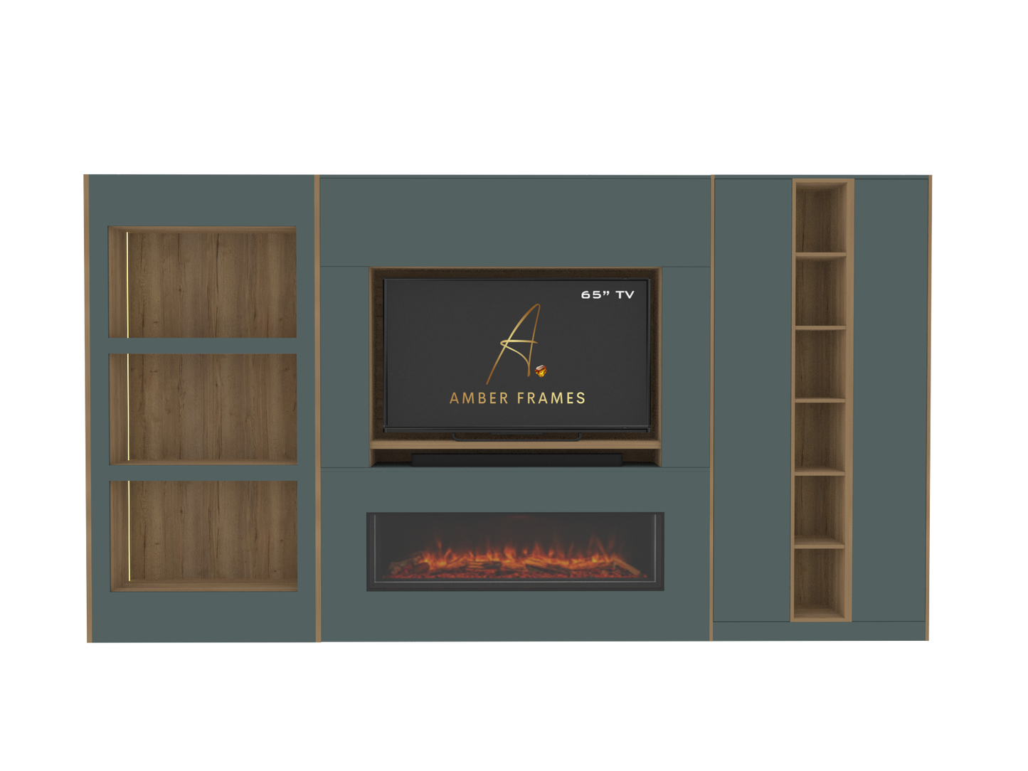 Built-in Media Wall for 65” TV &  Electric Fireplace with Display Alcoves, Tall Cupboards, Display Shelving & LED Lighting