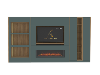 Built-in Media Wall for 65” TV &  Electric Fireplace with Display Alcoves, Tall Cupboards, Display Shelving & LED Lighting