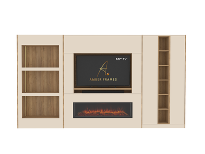 Built-in Media Wall for 65” TV &  Electric Fireplace with Display Alcoves, Tall Cupboards, Display Shelving & LED Lighting