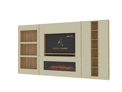 Built-in Media Wall for 65” TV &  Electric Fireplace with Display Alcoves, Tall Cupboards, Display Shelving & LED Lighting