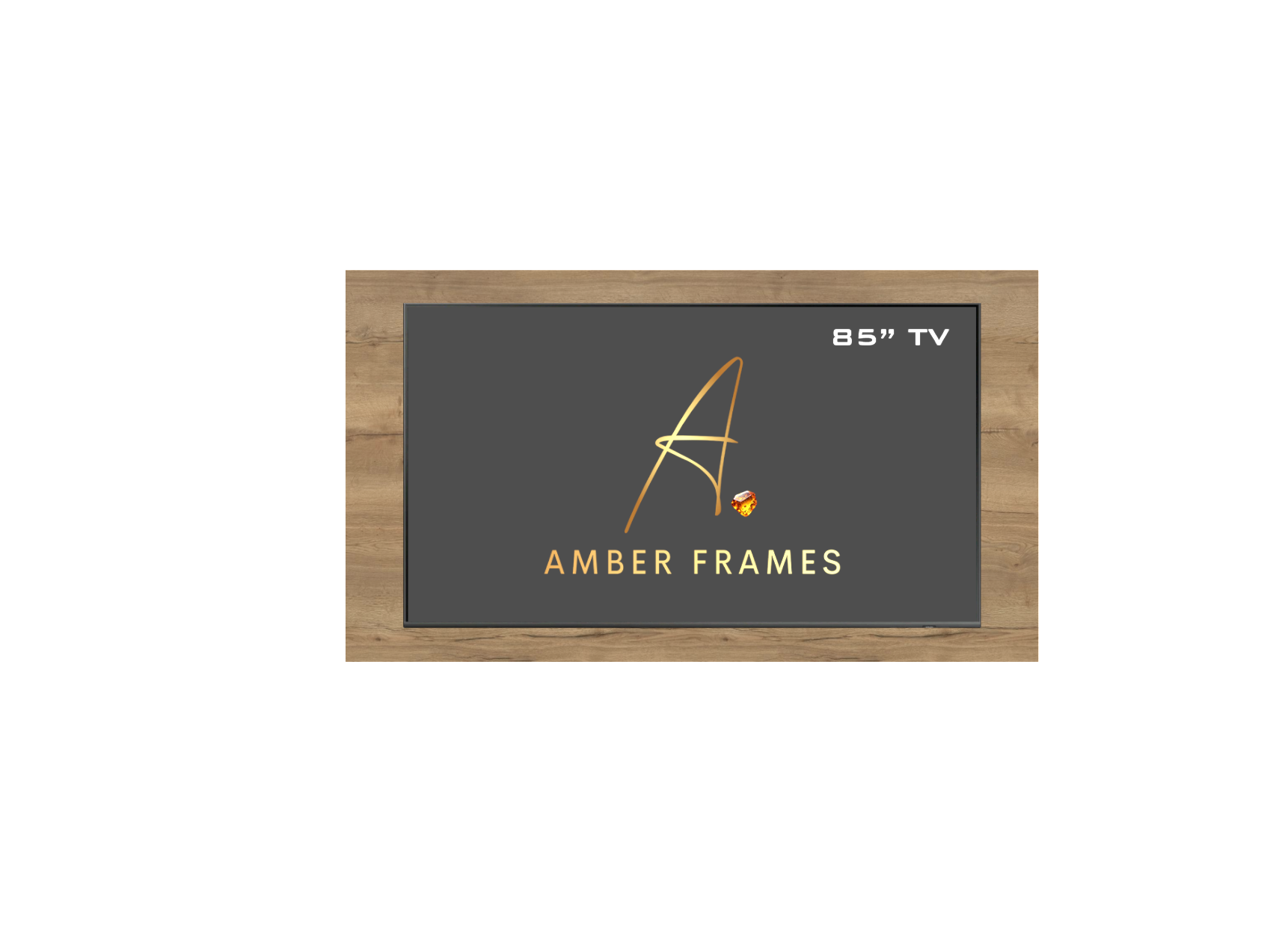 Bespoke media wall in Natural Halifax Oak and a dark feature finish, designed for an 85-inch TV. Asymmetrical layout.