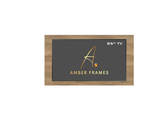 Bespoke media wall in Natural Halifax Oak and a dark feature finish, designed for an 85-inch TV. Asymmetrical layout.