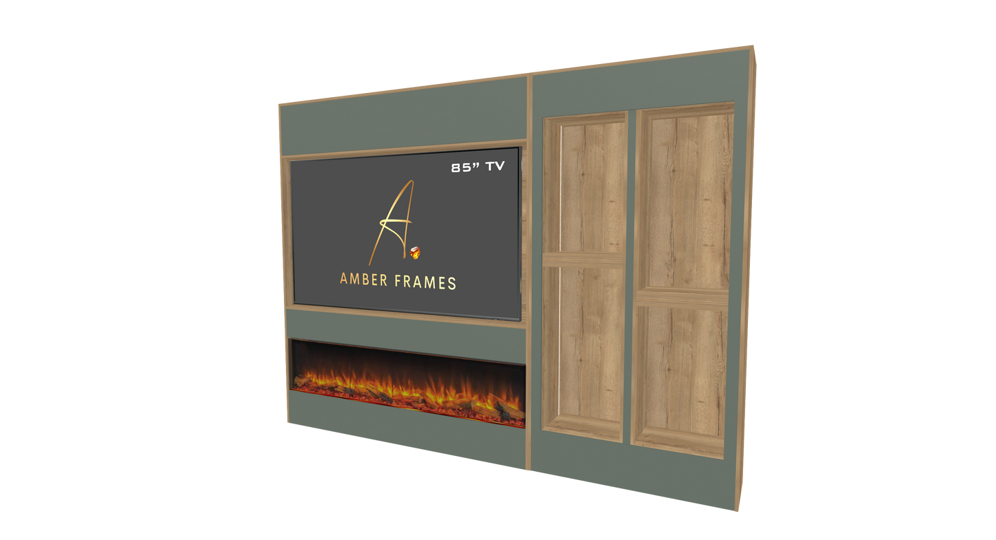 85-inch media wall with electric fireplace, side display alcoves, niches, and storage in natural Halifax Oak and Cashmere Grey.