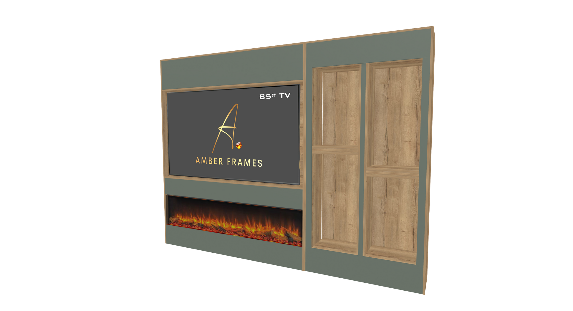 85-inch media wall with electric fireplace, side display alcoves, niches, and storage in natural Halifax Oak and Cashmere Grey.