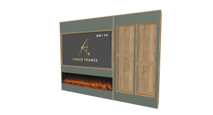 85-inch media wall with electric fireplace, side display alcoves, niches, and storage in natural Halifax Oak and Cashmere Grey.