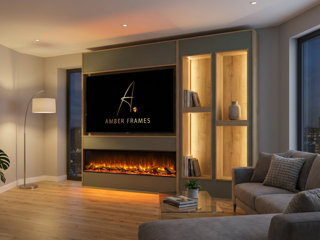 85-inch media wall with electric fireplace, natural Halifax oak, cashmere grey, with storage and display alcoves.