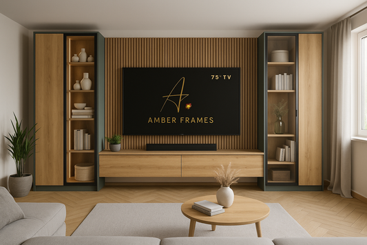 Amber Frames Reed Oak Harmony – Modular Media Wall with Floating TV Base Unit, Tall Storage Cabinets, Glass Display Shelves, 75 TV Panel