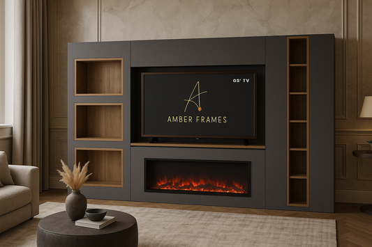 Built-in Media Wall for 65” TV &  Electric Fireplace with Display Alcoves, Tall Cupboards, Display Shelving & LED Lighting