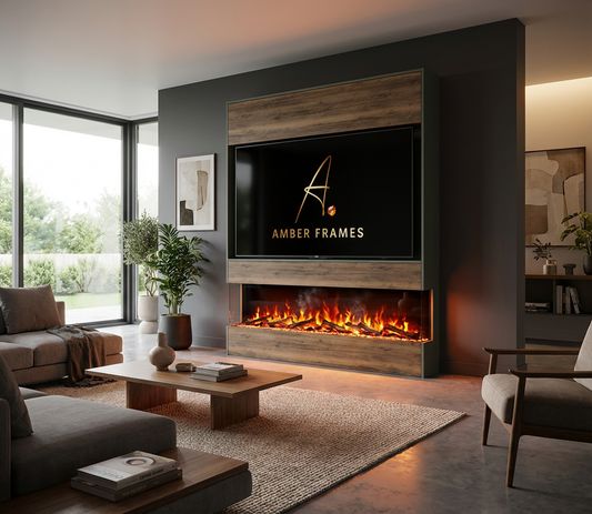 Amber Frames The Centrepiece 85 inch Symmetrical Media Wall with a two-sided electric fireplace and hidden storage, offering a sophisticated living space.