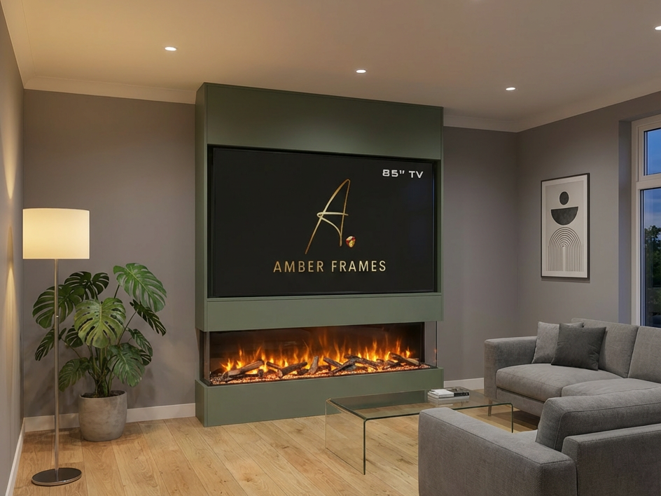 Amber Frames Ember Luxe 85 centred media wall in a modern living room, accommodating an 85-inch television, with an integrated panoramic electric fireplace.