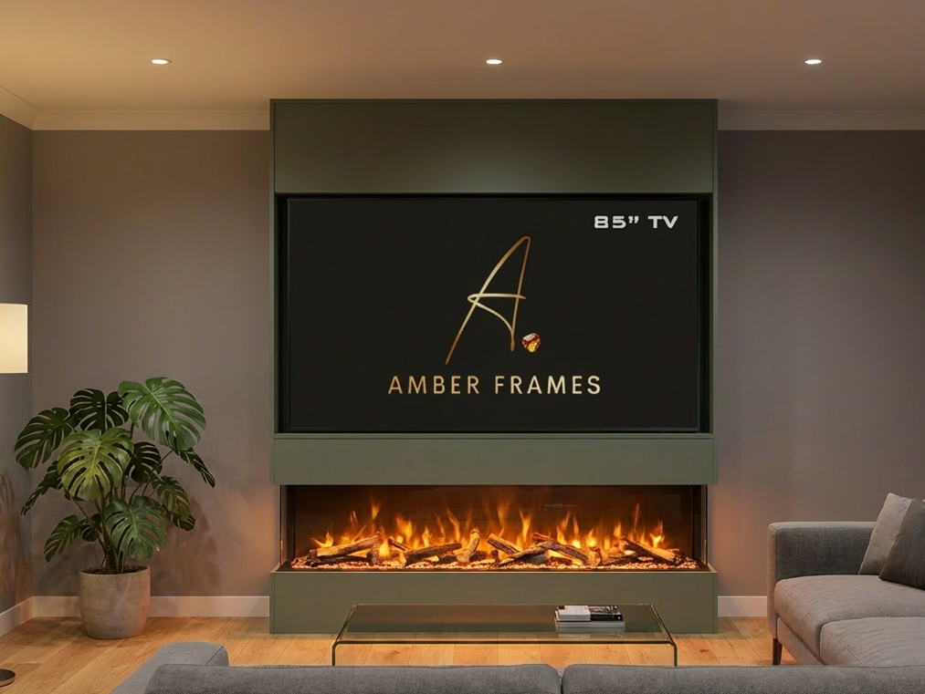 Amber Frames Ember Luxe 85 centred media wall in a modern living room, accommodating an 85-inch television, with an integrated panoramic electric fireplace.