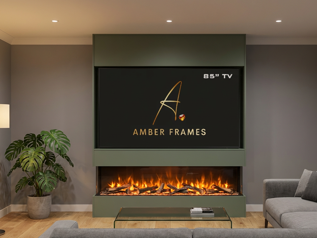 Amber Frames Ember Luxe 85 centred media wall in a modern living room, accommodating an 85-inch television, with an integrated panoramic electric fireplace.