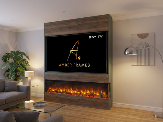 Amber Frames bespoke media wall with electric fireplace for an 85 inch TV