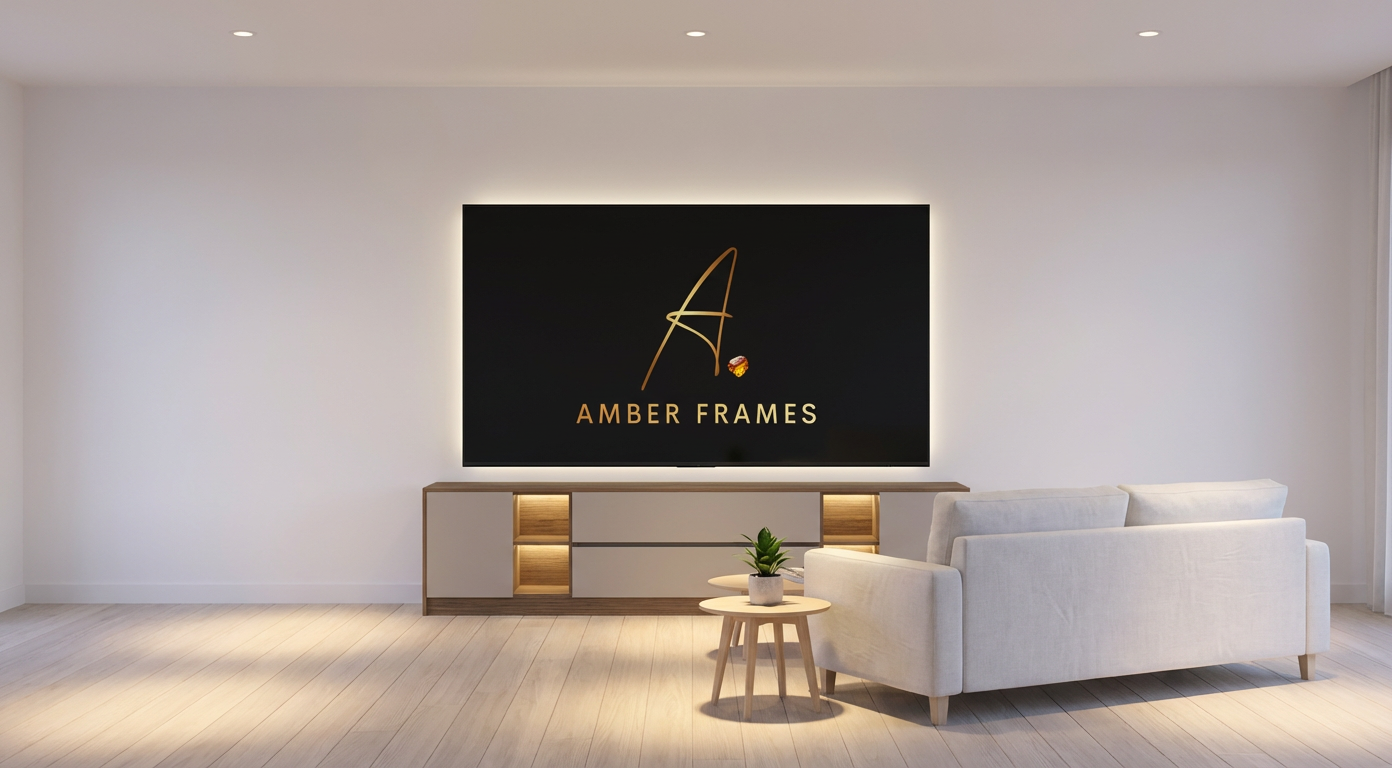 Amber Frames modern media wall with integrated drawer storage for an 85 inch TV