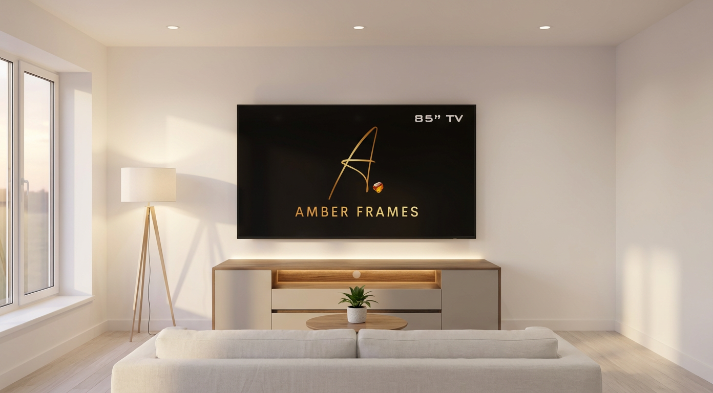 Amber Frames modern media wall with integrated drawer storage for an 85 inch TV