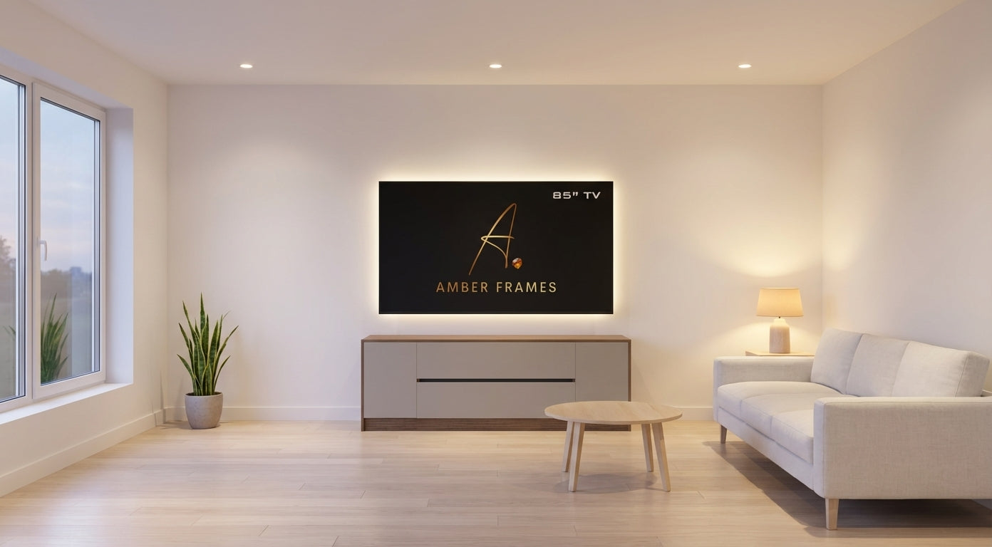 Amber Frames modern media wall with integrated drawer storage for an 85 inch TV