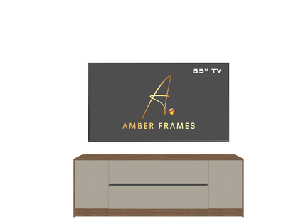 Amber Frames modern media wall with integrated drawer storage for an 85 inch TV