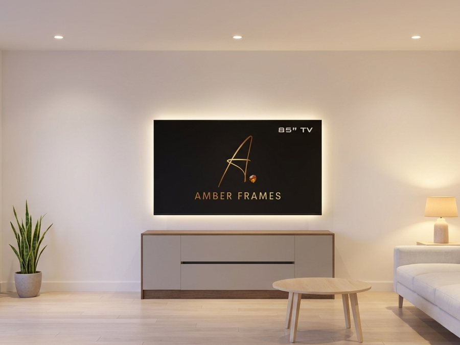 Amber Frames modern media wall with integrated drawer storage for an 85 inch TV