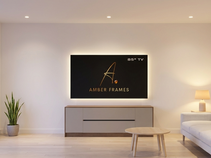 Amber Frames modern media wall with integrated drawer storage for an 85 inch TV