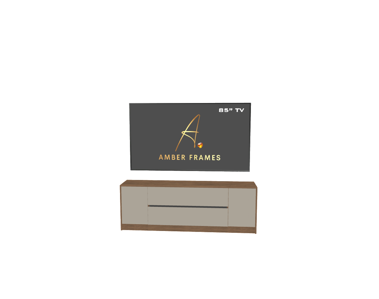 Amber Frames modern media wall with integrated drawer storage for an 85 inch TV