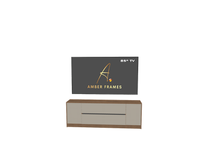 Amber Frames modern media wall with integrated drawer storage for an 85 inch TV