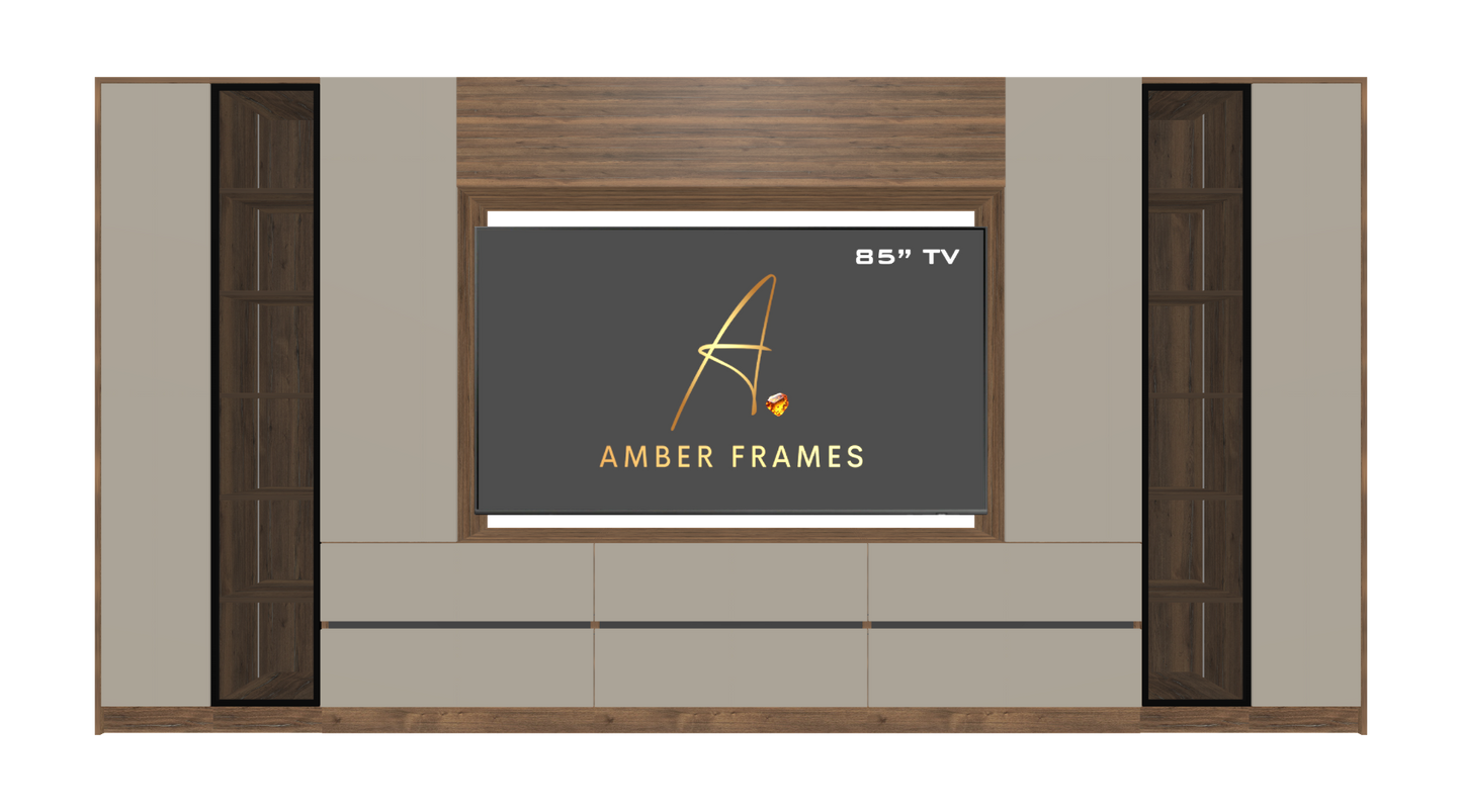 Bespoke media wall in A2 Pewter Halifax Oak and Cashmere Grey Egger, with storage, suitable for TVs up to 85 inches.