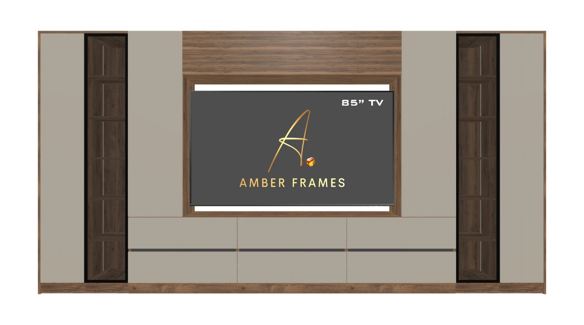 Bespoke media wall in A2 Pewter Halifax Oak and Cashmere Grey Egger, with storage, suitable for TVs up to 85 inches.