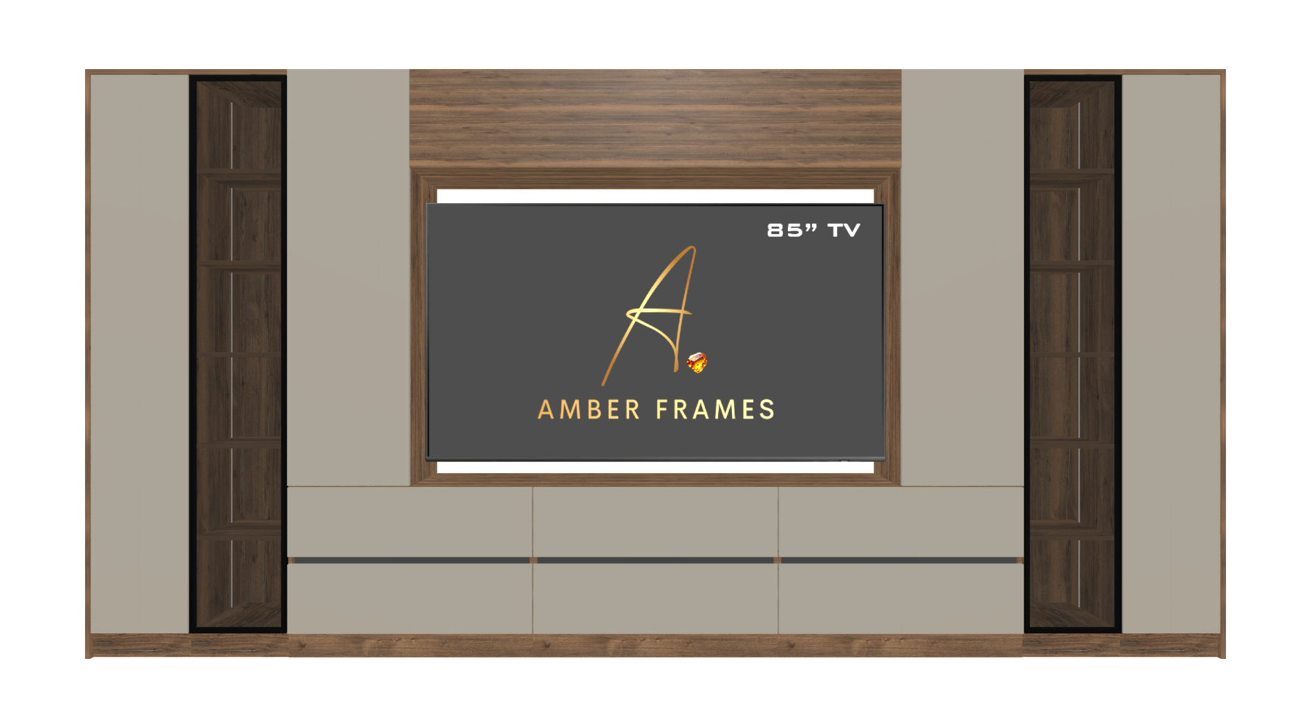 Bespoke media wall in A2 Pewter Halifax Oak and Cashmere Grey Egger, with storage, suitable for TVs up to 85 inches.