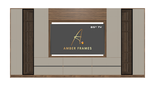 Bespoke media wall in A2 Pewter Halifax Oak and Cashmere Grey Egger, with storage, suitable for TVs up to 85 inches.