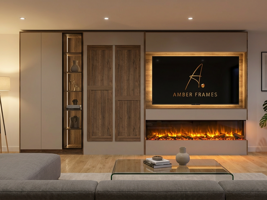 Bespoke media wall with integrated storage, display alcoves, and a two-sided electric fireplace, suitable for up to an 85-inch television.