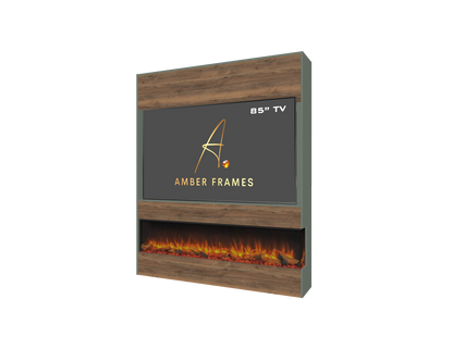 Reed green media wall with an integrated two-sided electric fireplace, suitable for an 85-inch TV. Features a pewter halifax oak accent.