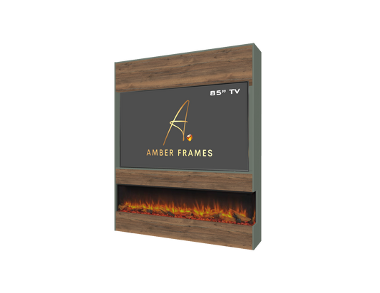 Reed green media wall with an integrated two-sided electric fireplace, suitable for an 85-inch TV. Features a pewter halifax oak accent.