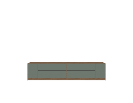 Custom-built media wall in Pewter Halifax Oak and Reed Green Egger, featuring floor units with drawers and doors, designed for TVs up to 75 in...